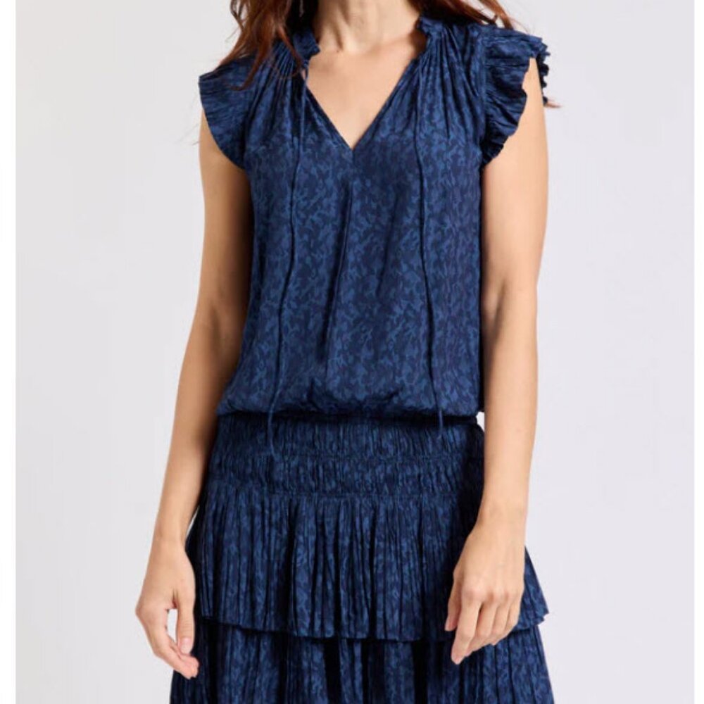 NWT Womens Taroo Blue Jacquard Flutter Smocked Drop Waist Pleated Mini Dress L